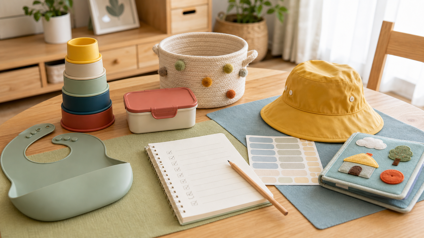 子ども用品を色分けマットとチェックノートで比較しているイメージ
